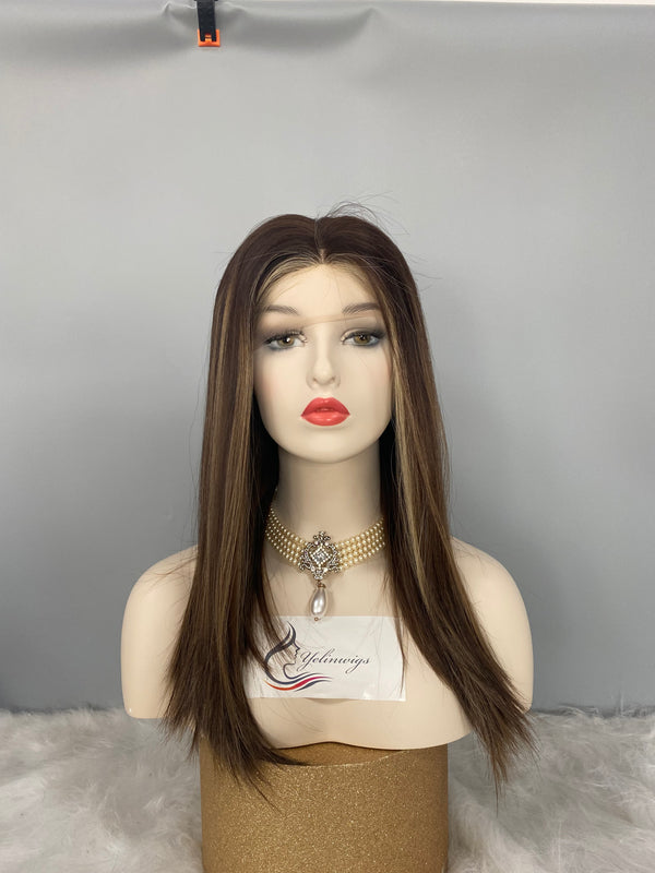 LACE TOP WIG RUROPEAN HAIR HIGHLIGHT BROWN COLOR #4/14