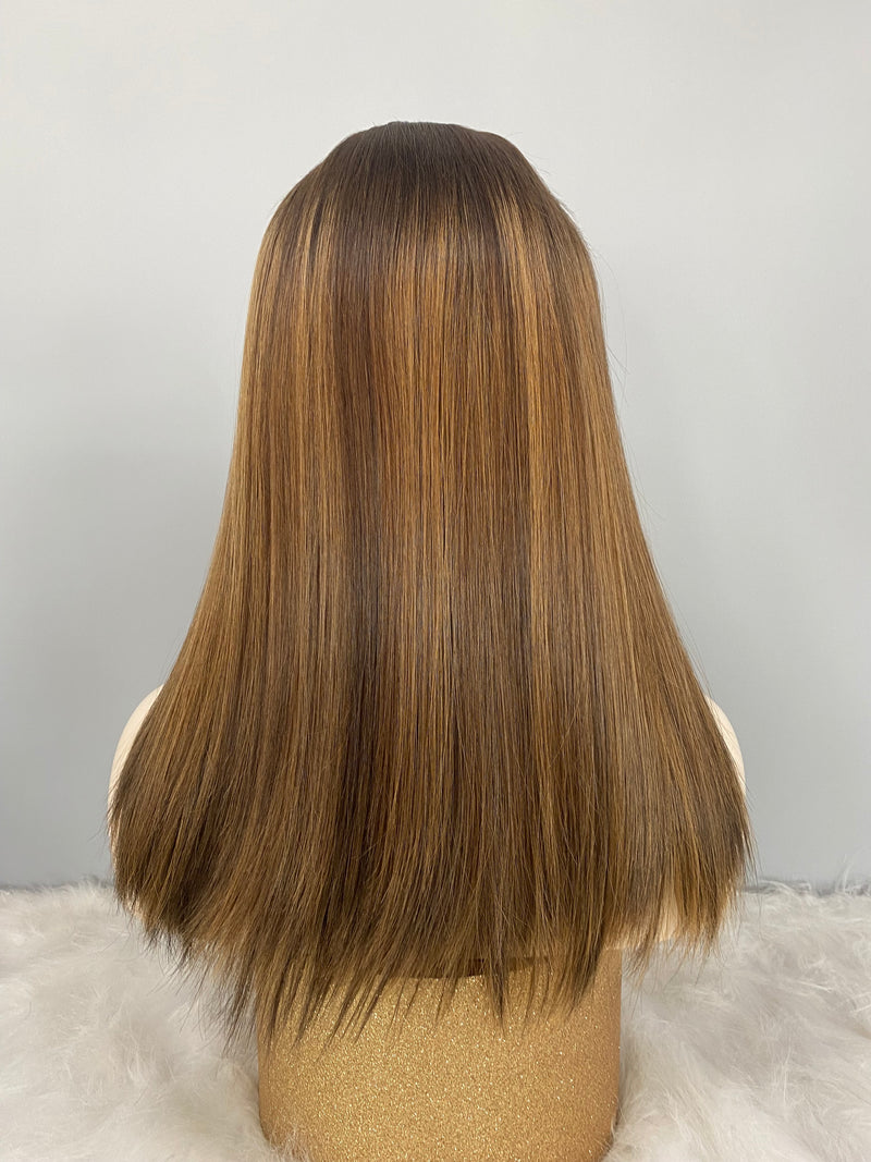 EUROPEAN HAIR LACE TOP WIG BREWN WITH BLONDE HIGHLIGHT #4/8/12
