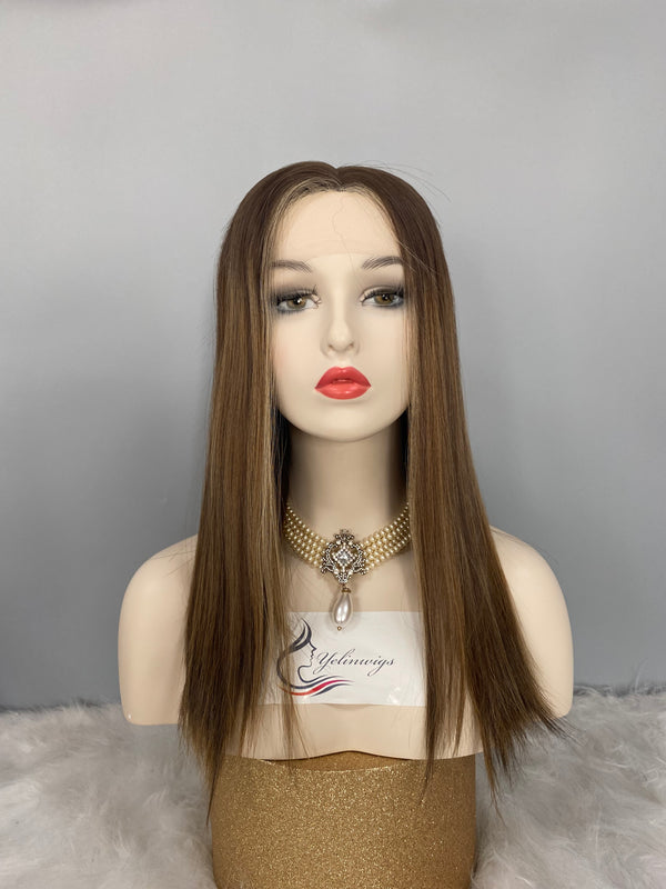 EUROPEAN HAIR LACE TOP WIG BREWN WITH BLONDE HIGHLIGHT #4/8/12