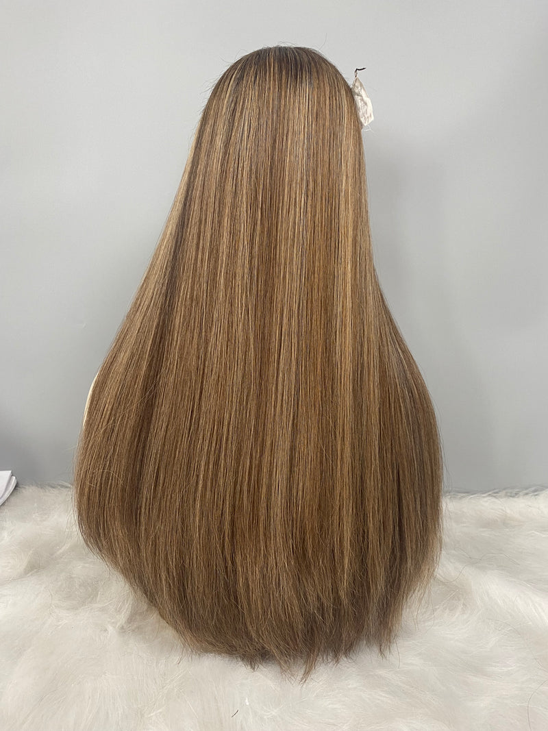 LACE TOP WIG RUROPEAN HAIR HIGHLIGHT BROWN WITH HIGHLIGHTS #8/14