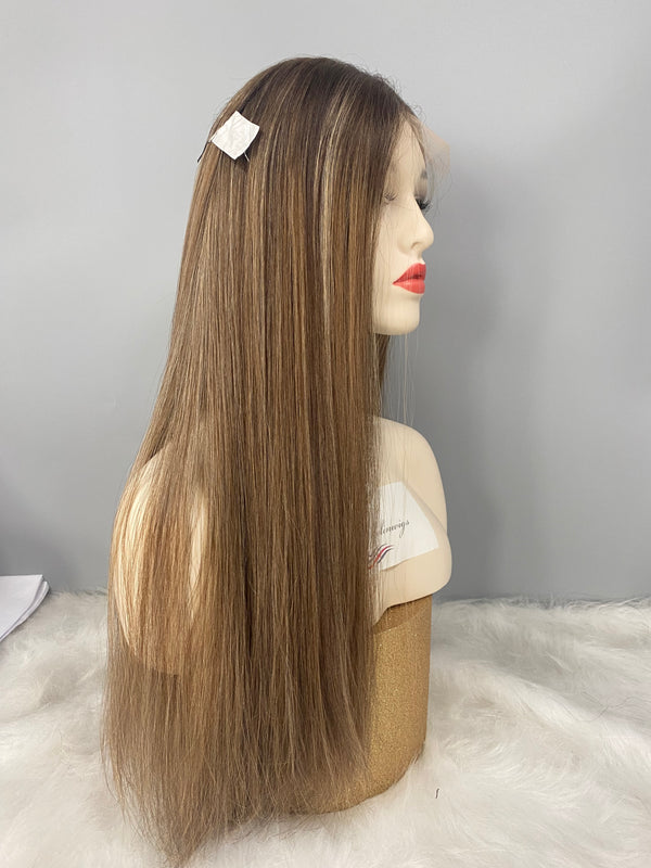 LACE TOP WIG RUROPEAN HAIR HIGHLIGHT BROWN WITH HIGHLIGHTS #8/14