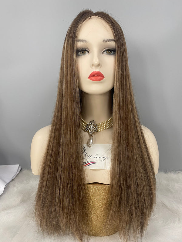 LACE TOP WIG RUROPEAN HAIR HIGHLIGHT BROWN WITH HIGHLIGHTS #8/14